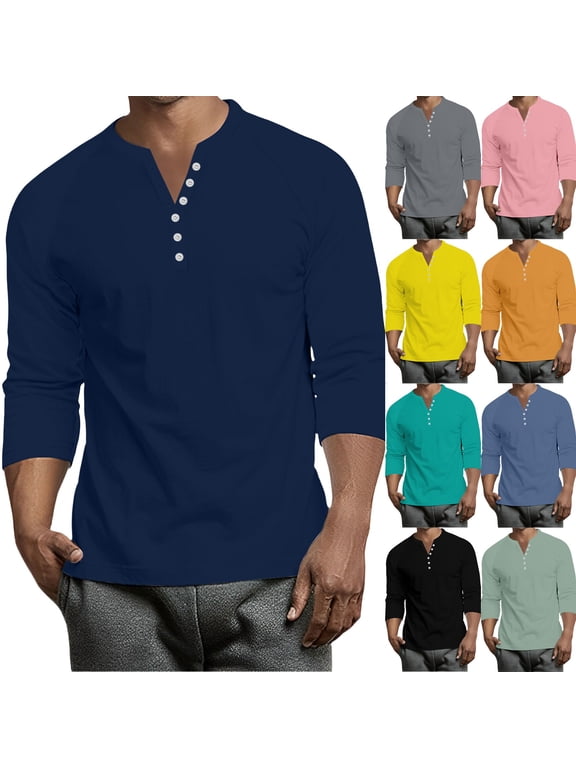 3/4 Sleeve Baseball T Shirts for Men Henley V Neck Button Down Mens Casual Shirts Big and Tall Men Plain T Shirts Black XXXL