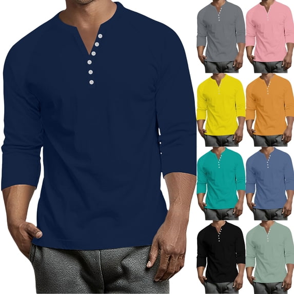 Hearthz 3/4 Sleeve Baseball T Shirts for Men Henley V Neck Button Down Workout Shirts for Men Big and Tall Mens Solid Color T Shirts Green XXXL