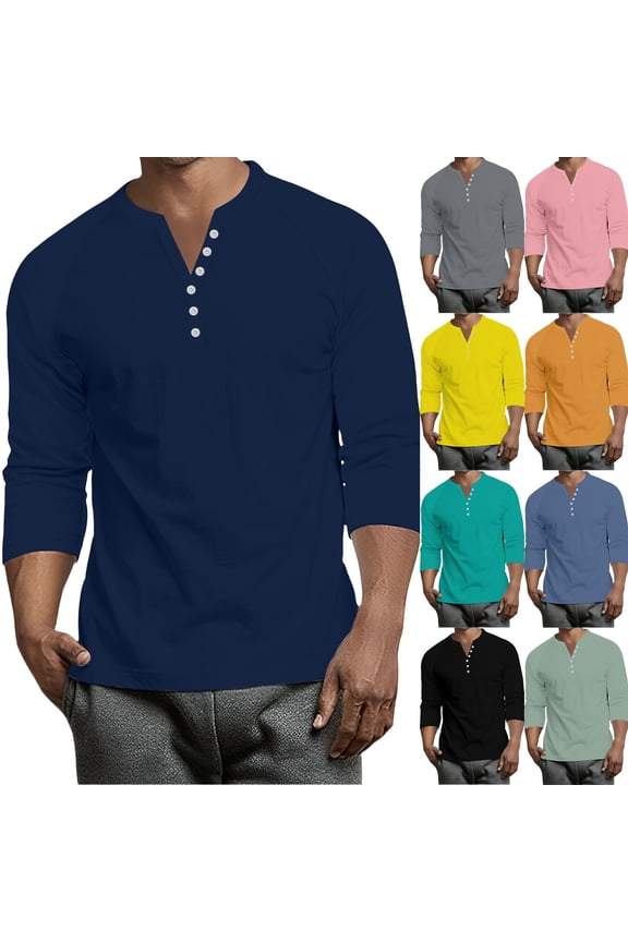 3/4 Sleeve Shirts for Men Henley V Neck Button Down Mens Shirts Big and Tall Plain Shirts for Men Yellow L