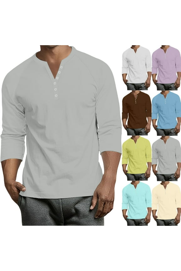 3/4 Sleeve Tee Shirts for Men Henley V Neck Button Down Tee Shirts Mens Big and Tall Plain Shirts for Men White XXXL
