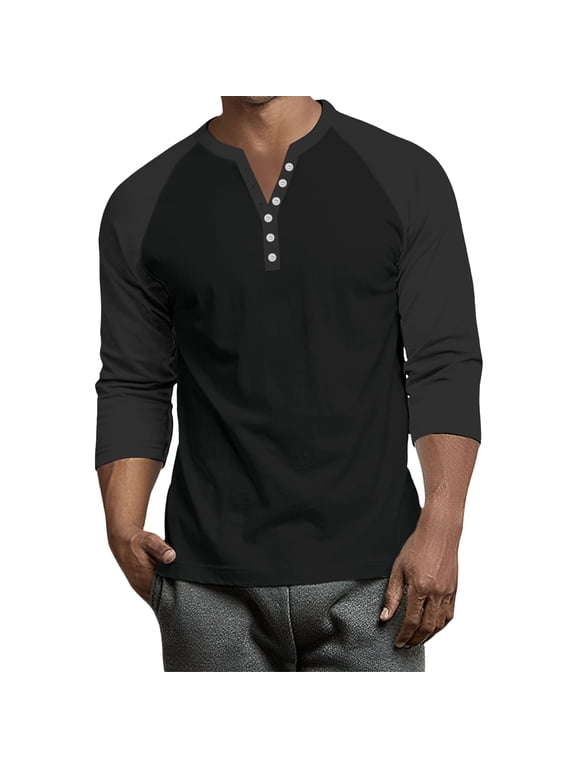 3/4 Sleeve Tops for Men Henley Neck Baseball Shirt Patchwork Workout Tops for Men Fall Men Shirt