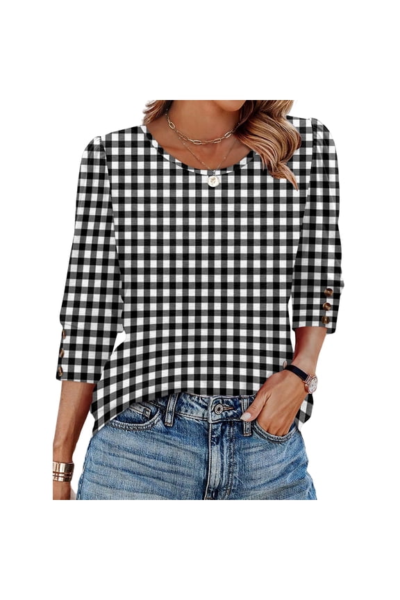 3/4 Sleeve Tops for Women Gingham Puff Shoulder Womens T Shirts Crew Neck Button Cuff Tunics Tops for Women Summer Boho Women's Blouses