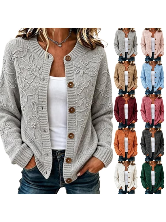 3d Floral Textured Knit Cardigan for Women Crew Neck Long Sleeve Textured Knit Womens Lightweight Sweater Fall Winter Vintage Embossed Jacket for Women for Cool Weather