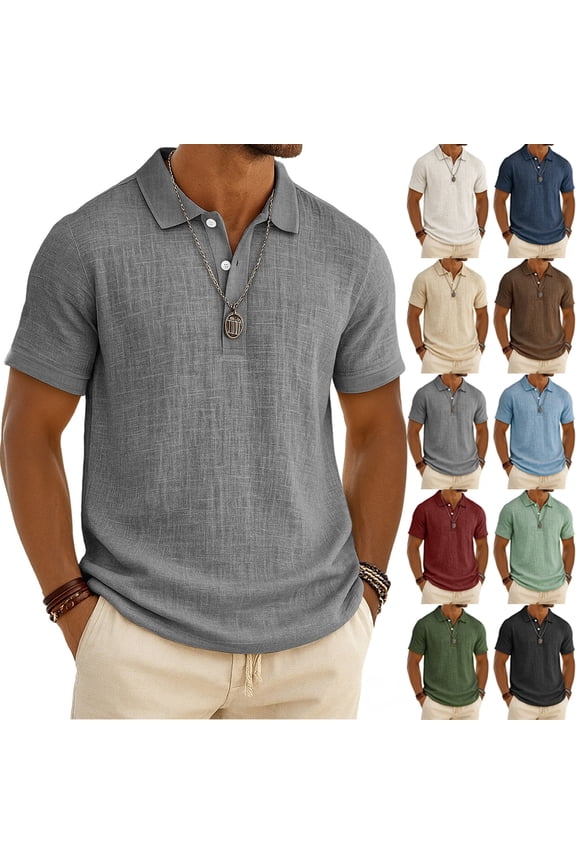 Linen Polo Shirts for Men Button Down Collared Men's Short Sleeve Shirts Summer Casual Workout T Shirts for Men ,Black XL