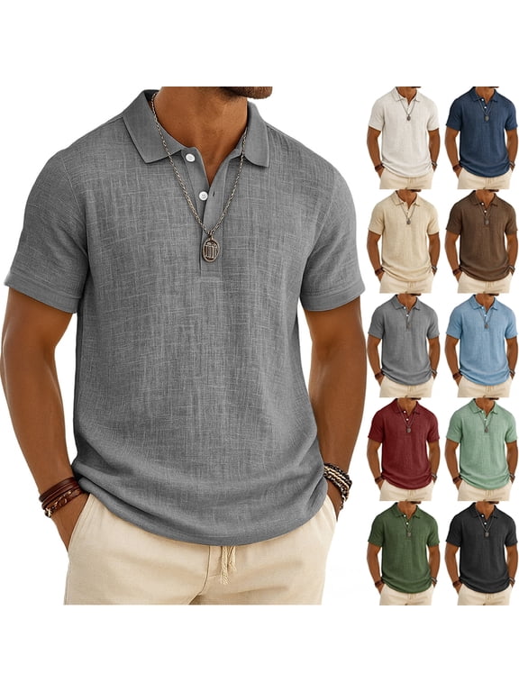 Polo Linen Shirts for Men Button Down Collared Men's Short Sleeve Shirts Business Casual Shirt for Men Big and Tall ,Khaki L
