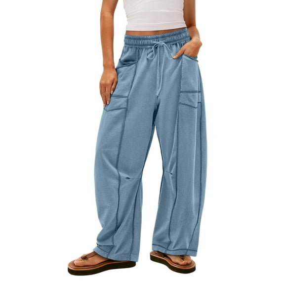 Hearthz Baggy Barrel Sweatpants High Waisted Wide Leg Baggy Sweatpants for Women Drawstring Waist Contrast Patchwork Women's Pants with Pockets