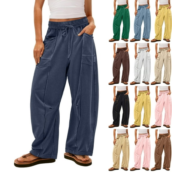 Hearthz Barrel Leg Sweatpants Women High Waisted Wide Leg Baggy Sweatpants Drawstring Waist Contrast Patchwork Womens Pants with Pockets
