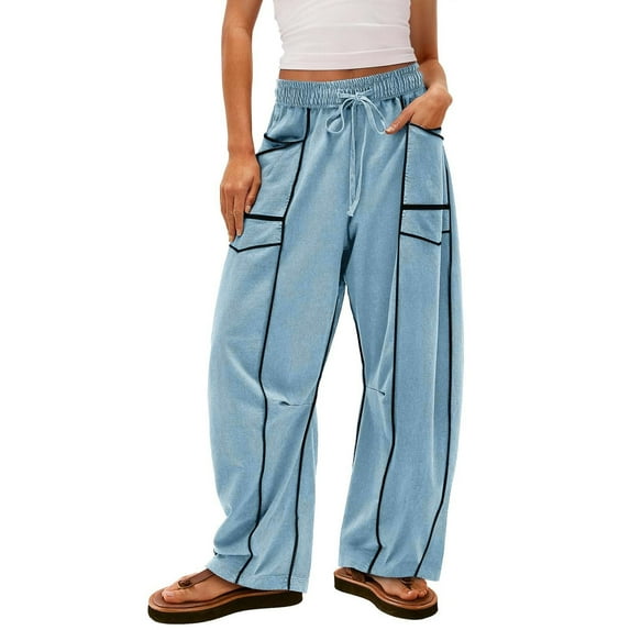 Hearthz Barrel Leg Sweatpants Women High Waisted Wide Leg Baggy Sweatpants for Women Drawstring Waist Contrast Patchwork Palazzo Pants W/pockets