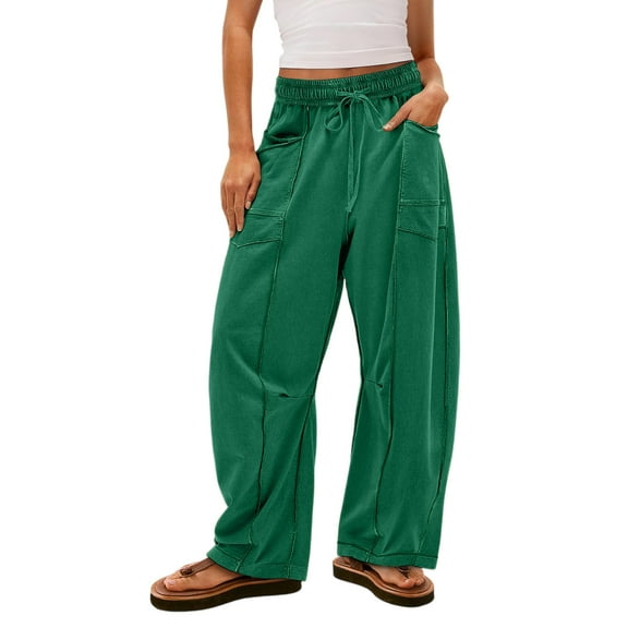 Hearthz Barrel Pants Women High Waisted Wide Leg Sweat Pants for Womens Drawstring Waist Contrast Patchwork Women's Pants W/pockets