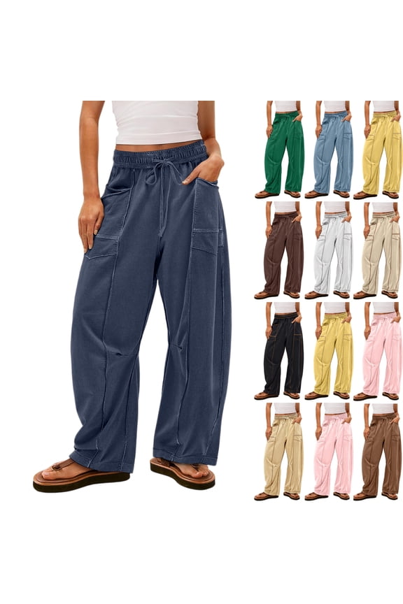 Barrel Sweatpants Women High Waisted Wide Leg Oversized Sweatpants Drawstring Waist Contrast Patchwork Pants with Pockets