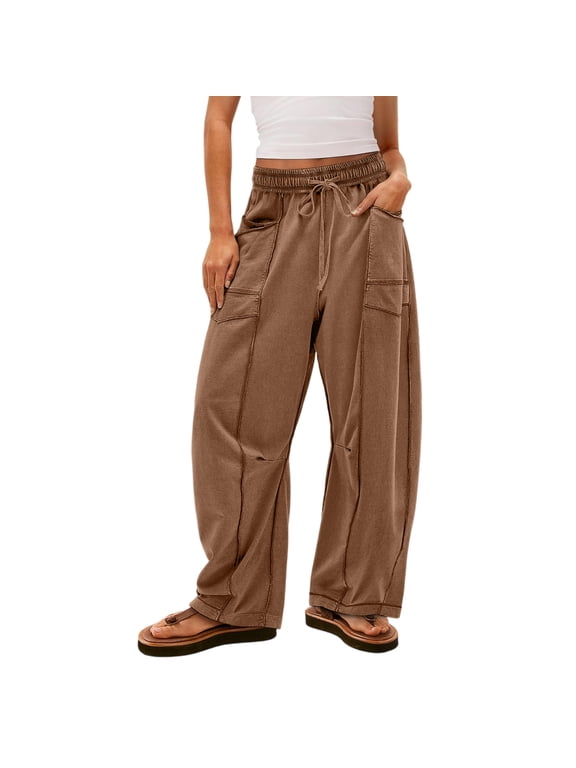 Barrel Sweatpants Women High Waisted Wide Leg Sweat Pants for Womens Drawstring Waist Contrast Patchwork Pants for Women W/pockets
