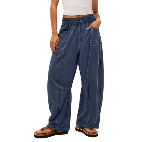Hearthz Barrel Sweatpants Women High Waisted Wide Leg Women's Sweatpants Drawstring Waist Contrast Patchwork Palazzo Pants W/pockets