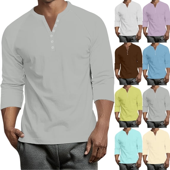 Hearthz Baseball T Shirts for Men 3/4 Sleeve Henley V Neck Button Down Mens T-Shirts Big and Tall Mens Comfort Colors Tshirt Yellow M