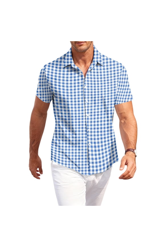Button Up Short Sleeve Shirts for Men Gingham Wrinkle Free Business Casual Shirts Vacation Beach Summer Casual Dress Shirts for Men Royal Blue XL