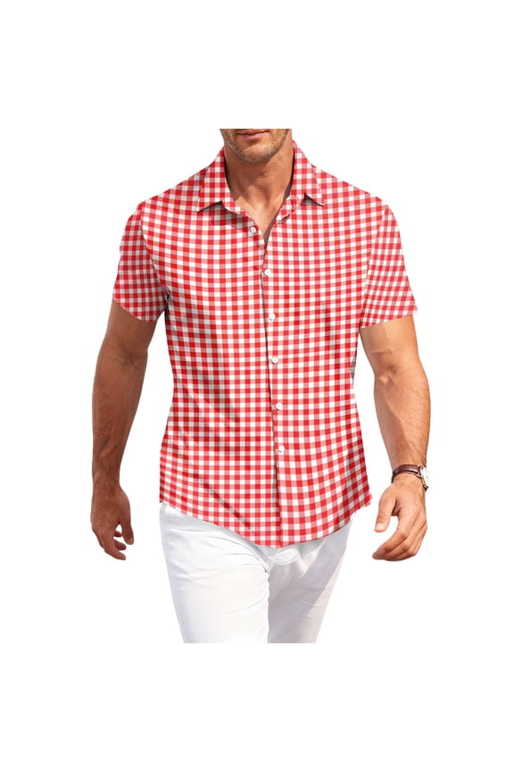 Button Up Short Sleeve Shirts for Men Gingham Wrinkle Free Work Shirts for Men Beach Summer Mens Dress Shirts Red XXL