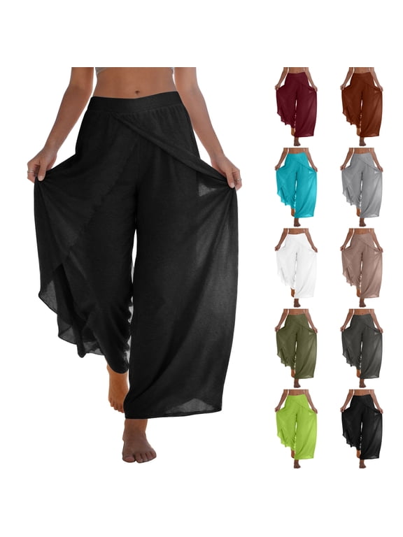 Chiffon Womens Wide Leg Pants Casual Flowy Wrap Palazzo Pants for Women Flowy Baggy Womens Lounge Pants White L