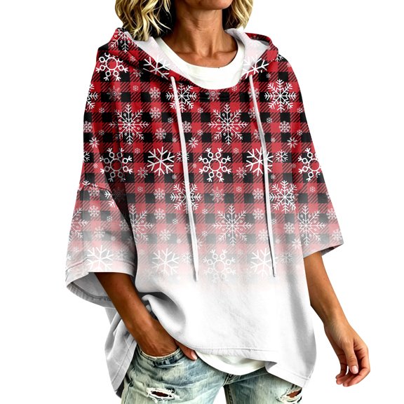 Hearthz Christmas Cropped Hoodies for Women 3/4 Batwing Sleeve Sweatshirts for Women Trendy Drop Shoulder Xmas Holiday Gradient Snowflake Y2k Hooded Sweatshirt Pullover Sweater