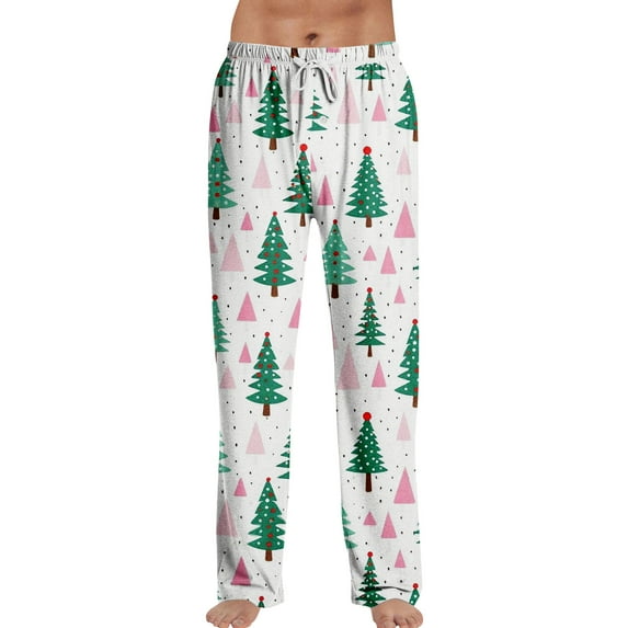 Hearthz Christmas Pajama Pants Drawstring Elastic Waist Christmas tree Print Sleeping Pants for Men Wide Leg Xmas Winter Men's Pajama Bottoms