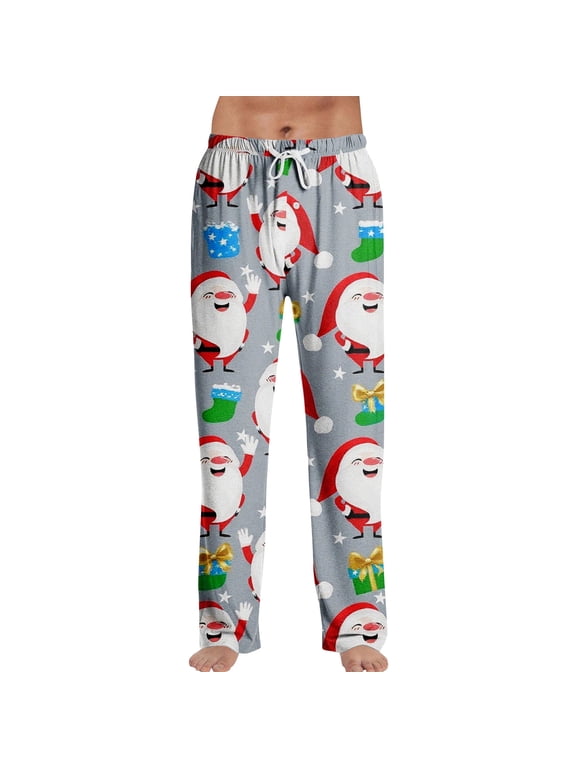 Christmas Pajama Pants Drawstring Elastic Waist Santa Claus Sleep Lounge Pant for Men Wide Leg Xmas Winter Mens Pj Bottoms