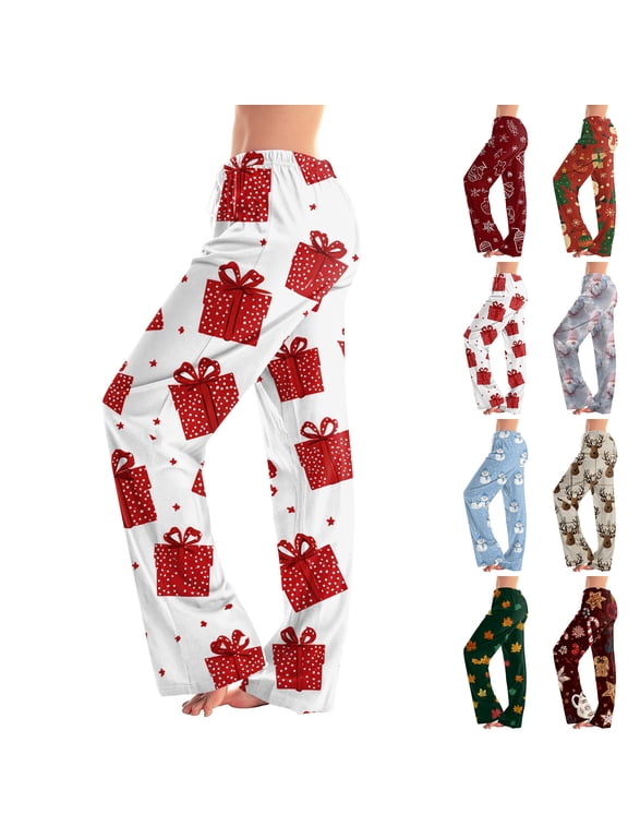 Christmas Pj Pants Women Winter Wide Leg Pj Bottoms Printed Fall Drawstring Lounge Pants for Women