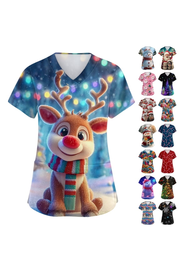 Christmas Scrub Tops Women Plus Size Stretch Scrub Tops Women V Neck Short Sleeve Nursing Uniform with Pockets S-5xl