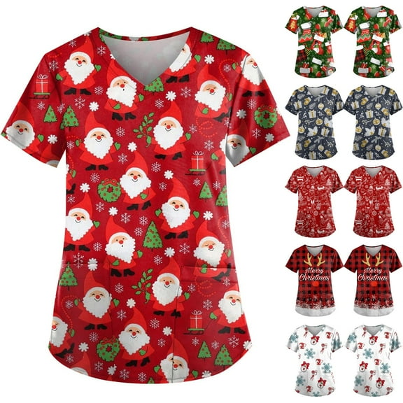 Hearthz Christmas Scrub Tops Women Plus Size Stretch Scrub Tops Women V Neck Short Sleeve Nursing Uniforms with Pockets S-5xl