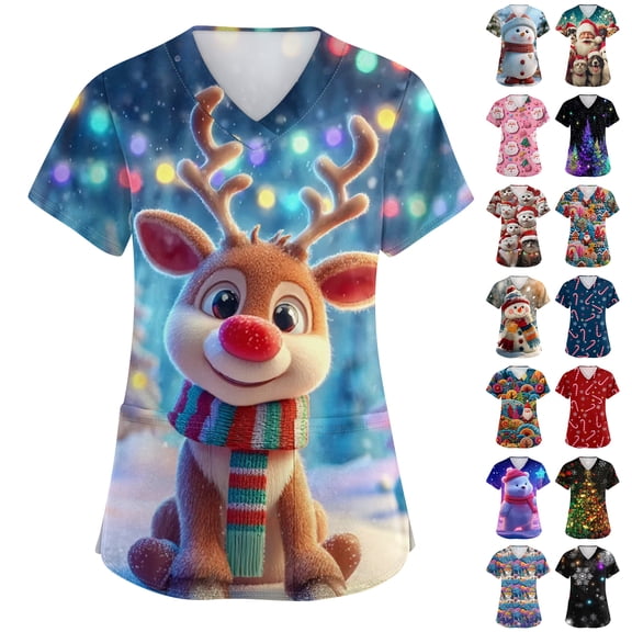 Hearthz Christmas Scrub Tops Women Plus Size Stretch Women Scrub Top V Neck Short Sleeve Nurses Working Uniforms with Pockets S-5xl