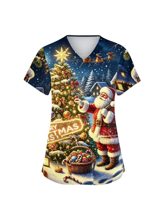 Christmas Scrub Tops Women Plus Size Stretchy V Neck Short Sleeve Scrub Tops for Women Xmas Holiday Plus Size Nurse Uniforms with Pocket