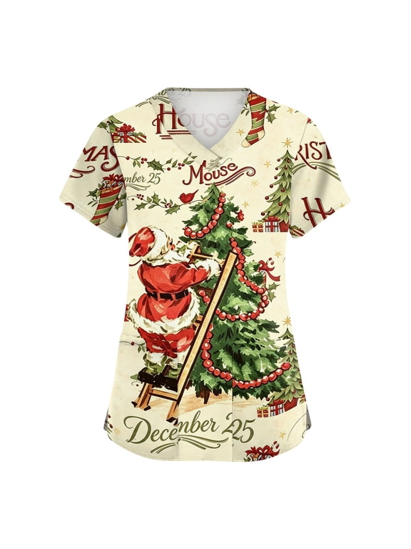 Christmas Scrub Tops Women Print Stretchy V Neck Short Sleeve Scrub Top Women Xmas Holiday Plus Size Santa Claus Graphic Women’s Nurse Uniforms with Pocket