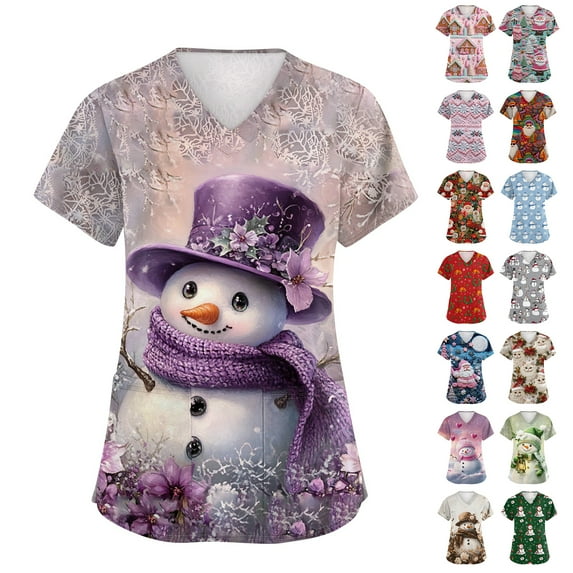 Hearthz Christmas Scrubs Tops Plus Size Stretch Scrubs for Women Top V Neck Short Sleeve Nursing Uniform with Pockets S-5xl