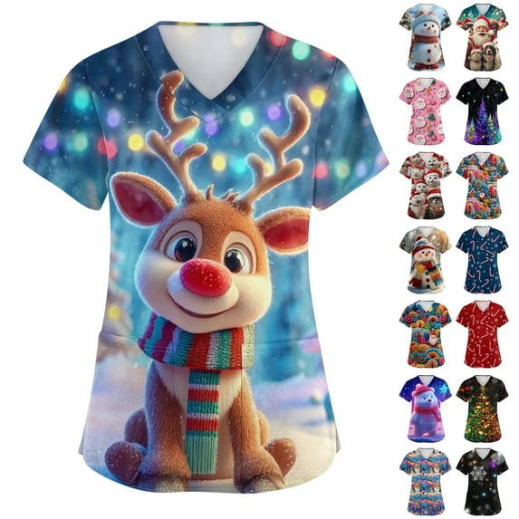 Hearthz Christmas Scrubs Tops for Women Plus Size Stretch Womens Scrub Tops V Neck Short Sleeve Nursing Uniforms for Women with Pockets S-5xl
