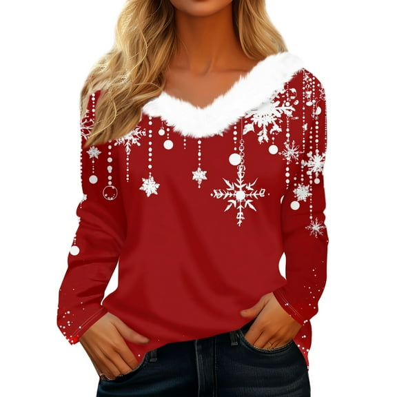 Hearthz Christmas Sweaters Women Faux Fur Trim V Neck Sweatshirts Xmas Christmas Snowflake Print Women's Top Winter Warm Plus Size Pullover Tops Shirts