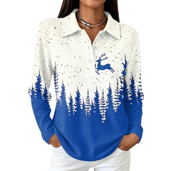 Hearthz Christmas Waffle Knit Women's Polo Shirt Gradient Women's Christmas Shirts Button V Neck Long Sleeve Henley Shirts for Women Relaxed Fit Office Daily T Shirts for Women