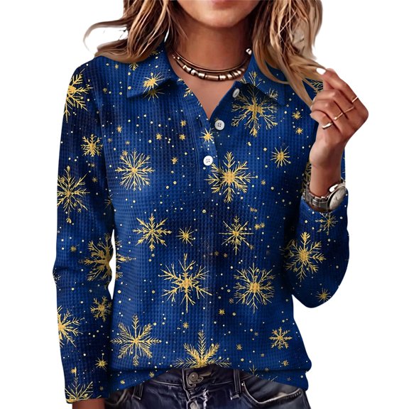 Hearthz Christmas Waffle Knit Women's Polo Shirts Xmas Print Womens Henley Shirts Button V Neck Long Sleeve Uniform Tops Relaxed Fit Office Daily Oversized Tshirts for Women