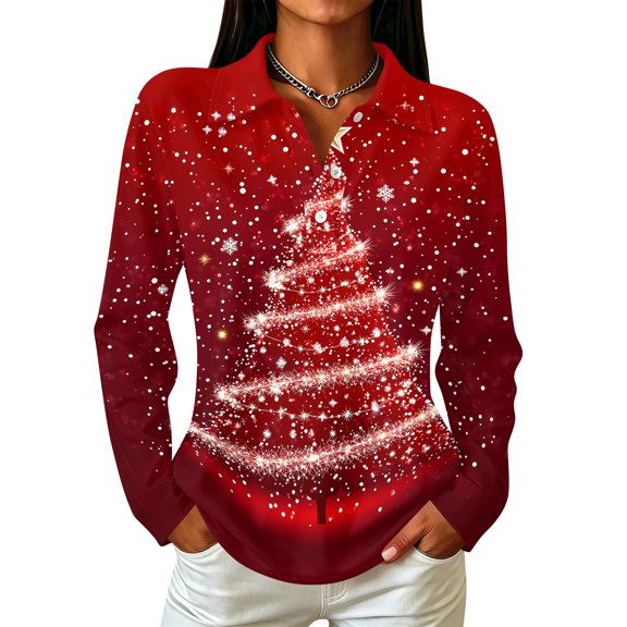 Hearthz Christmas Women's Polo Shirt Christmas Tree Print Henley Shirt for Women Button V Neck Long Sleeve Uniform Tops Relaxed Fit Office Daily T Shirts for Women