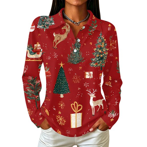 Hearthz Christmas Women's Polo Shirt Christmas Tree Print Womens Henley Shirt Button V Neck Long Sleeve Uniform Tops for Women Relaxed Fit Office Daily Oversized Tshirts for Women
