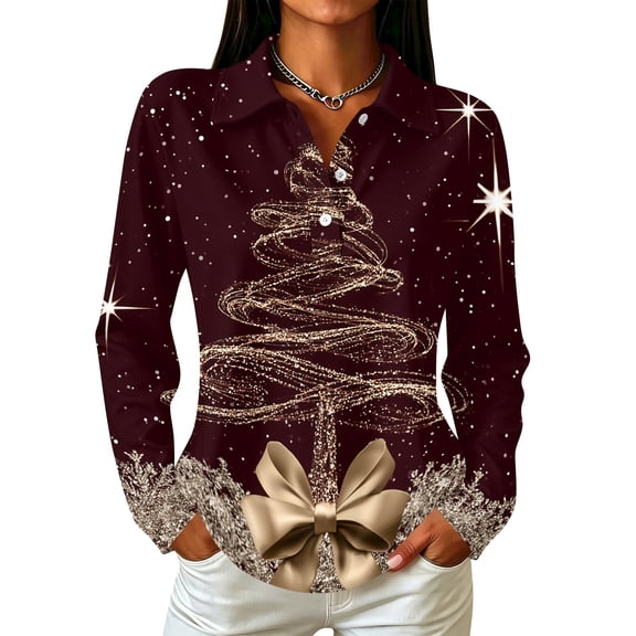Hearthz Christmas Womens Polo Shirt Christmas Tree Print Womens Henley Shirts Button V Neck Long Sleeve Tennis Activewear Relaxed Fit Office Daily Oversized Tshirts for Women
