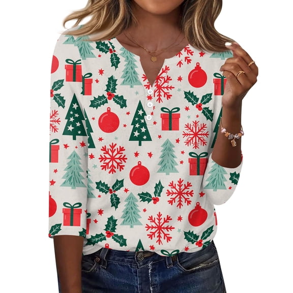 Hearthz Christmas Womens Shirts Henley V Neck Button Womens Tops 3/4 Sleeve Casual Holiday Fall Winter Tshirts Shirts for Women