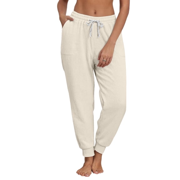 Hearthz Corduroy Pants Women Straight Leg Drawstring Pull on Slacks Dress Pants Women Soft Elastic Waist Corduroy Pants Women with Pockets