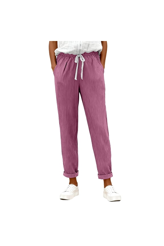 Corduroy Pants Women Straight Leg Drawstring Pull on Slacks Womens Dress Pants Soft Elastic Waist Corduroy Pants Womens with Pockets