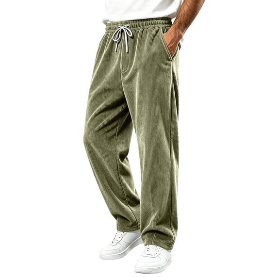 Hearthz Corduroy Wide Leg Men Pant Athletic Workout Running Mens Lightweight Hiking Pants Elastic Waist Drawstring Jogger Pants Men with Pockets Green XXXL