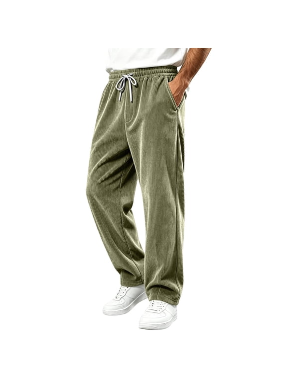 Corduroy Wide Leg Mens Pants Workout Running Hiking Pants for Men Elastic Waist Drawstring Loose Lounge Joggers with Pockets Green M