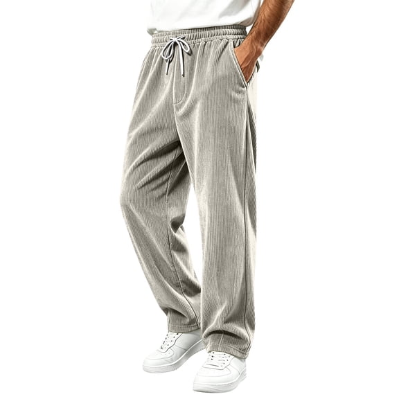 Hearthz Corduroy Wide Leg Pant for Men Workout Running Cargo Trousers Elastic Waist Drawstring Jogger Pants Men with Pockets Light Gray XXXL