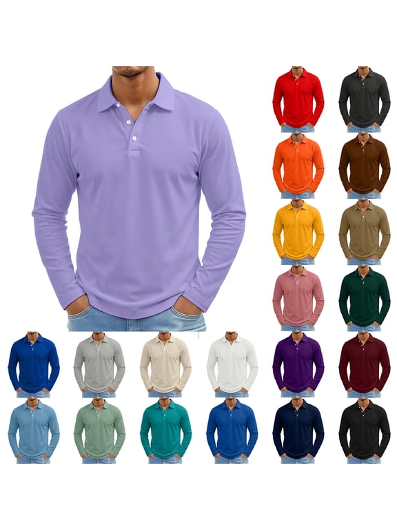 Cotton Polo Shirts for Men 3 Button Placket Lapel Collar Long Sleeve Shirts for Men Business Casual Men's Performance Polo Work Out Shirts Beige XXXL