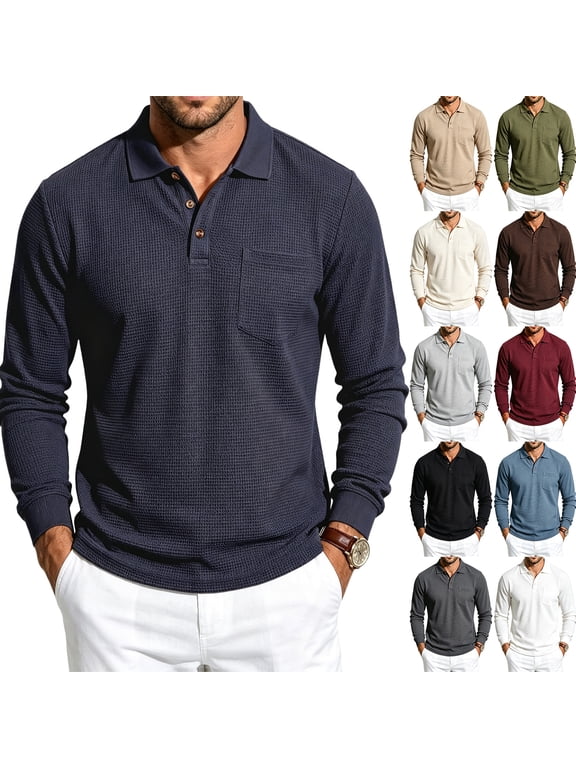 Cotton Polo Shirts for Men 3 Button Placket Waffle Knit Cotton Long Sleeve Shirt Men Business Casual Mens Golf Polo Shirts Work Shirt White XXL