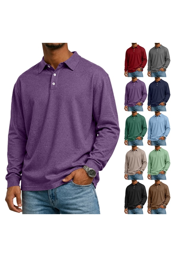 Cotton Polo Shirts for Men 3 Button Placket Waffle Knit Mens Long Sleeve Shirt Business Casual Mens Golf Polo Work Shirt Black L