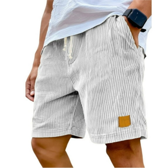 Hearthz Cotton Shorts Men with Pocket Drawstring Elastic Waist Lightweight Casual Summer Beach Men's Casual Corduroy Shorts White ,M
