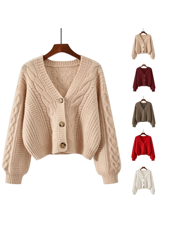 Cropped Cable Knit Womens Cardigan Sweaters V Neck Puff Sleeve Womens Fall Fashion 2026 Sweaters Knit Jacket Beige S
