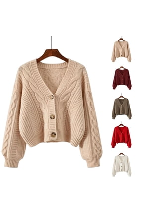 Cropped Cable Knit Womens Sweaters Cardigan V Neck Puff Sleeve Fall Sweaters for Women 2026 Trendy Knit Jacket Beige L
