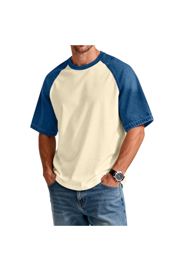 Denim Shirt Men Lightweight Patchwork Raglan Men Shirts Short Sleeve Crew Neck Lightweight Running Gym Jerseys for Men Khaki S